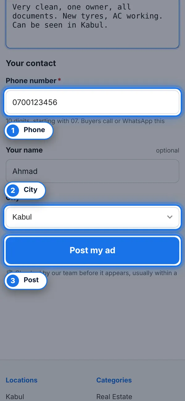 Phone, city, and post