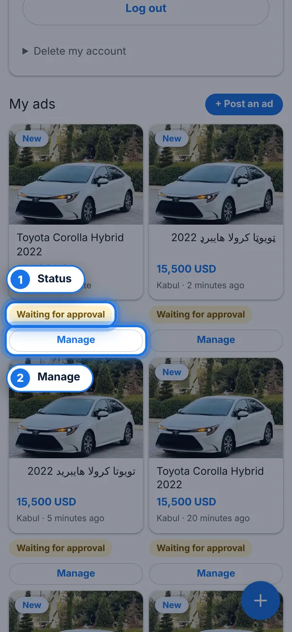Find your ads in My account