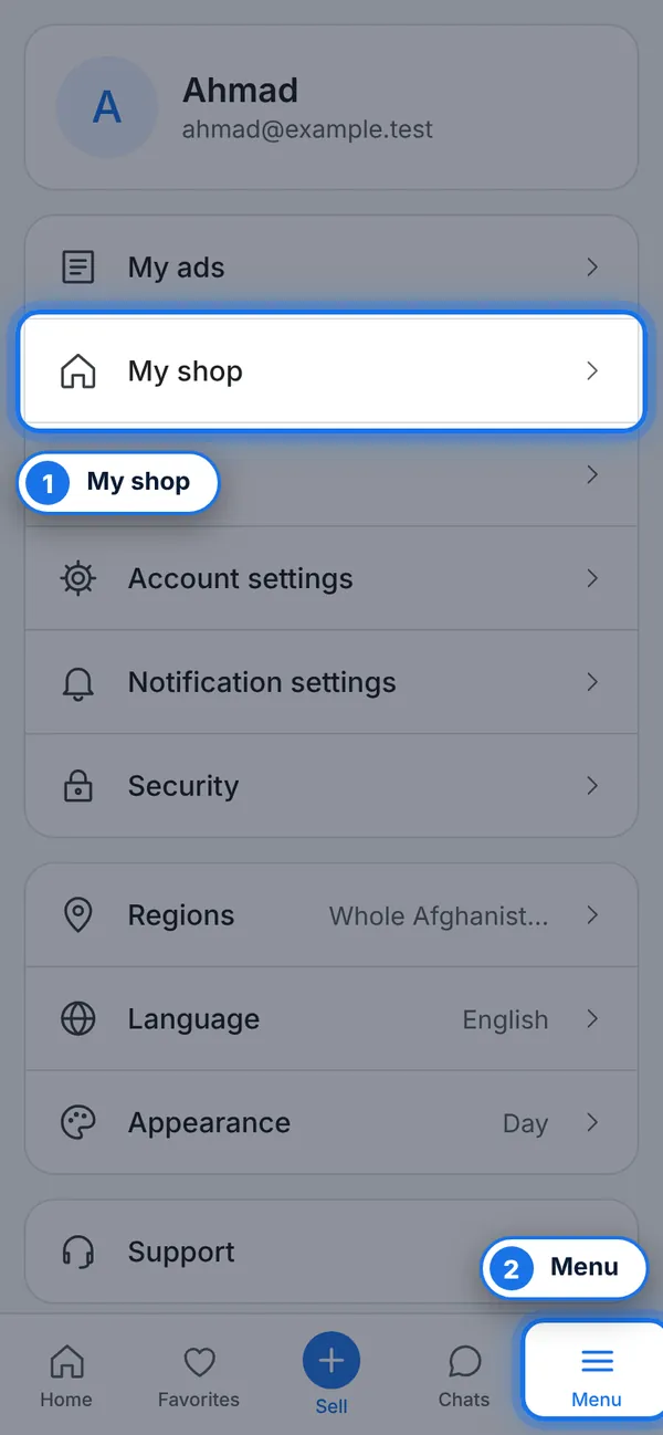 Open Menu → My shop
