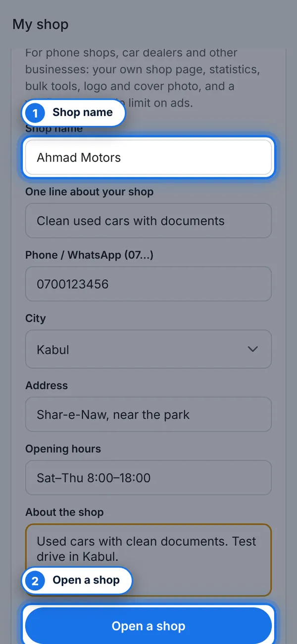 Fill in your shop details
