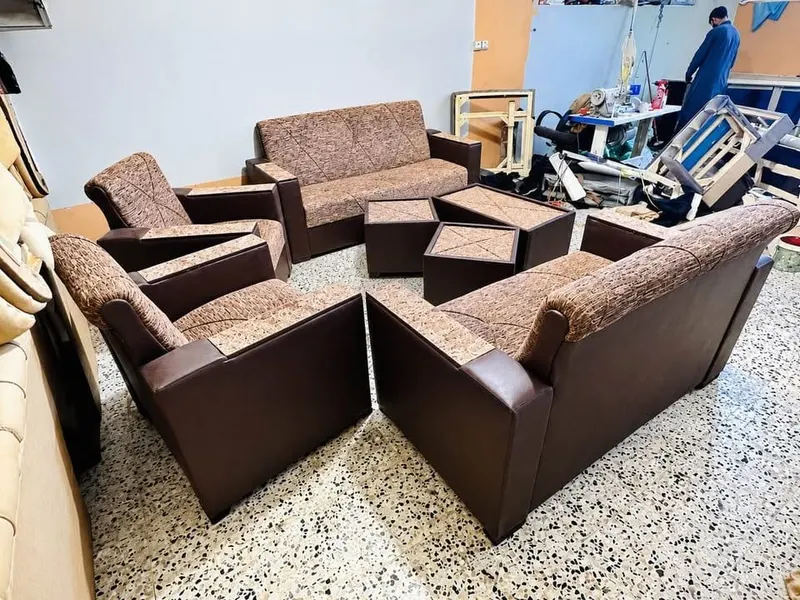 7-Seat Sofa Set with 3 Tea Tables, Brown Leather (1)
